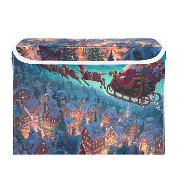 Christmas Santa Flying Reindeer Pull Sleigh Foldable Storage Bins with Lids Handles Collapsible Storage Containers Tote Boxes 16.5 x 12.6 x 11.8 inches