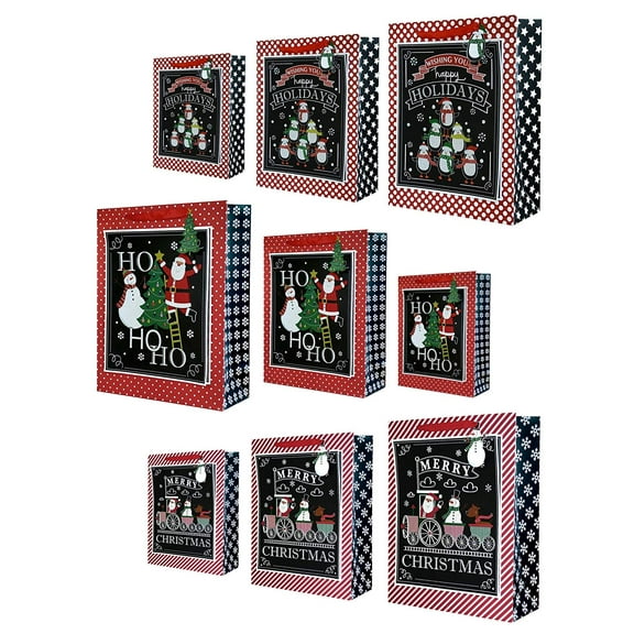 Christmas Santa & Friends Assorted Glitter Gift Bags, 9 Bags (Ultra Thick)