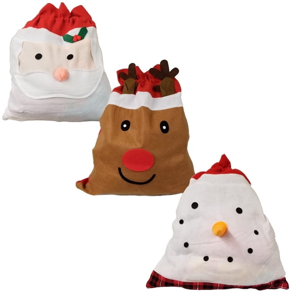 Christmas Santa & Friends felt Like Gift Sack with Drawstring (Set of 3)