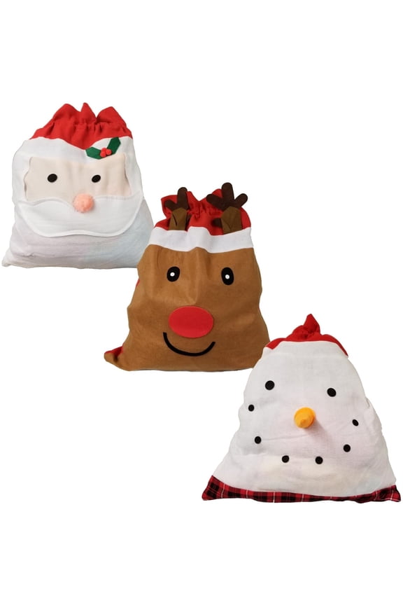 Christmas Santa & Friends felt Like Gift Sack with Drawstring (Set of 3)