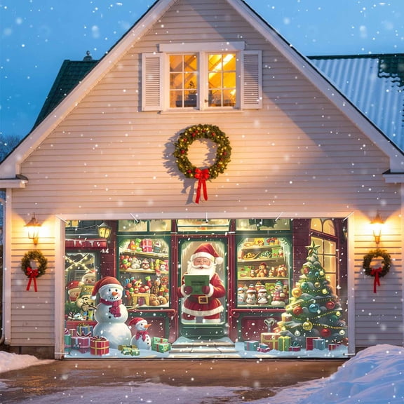 Christmas Santa Garage Door Banner Covers, Claus with Presents Store Snowman Xmas Tree Large Hanging Indoor/Outdoor Backdrop Background for Christmas Winter Party Decor, 6x13 FT