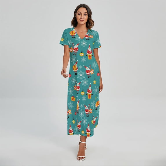 Christmas Santa Gift Pattern Printed Short Sleeve Maxi Dress, Jesus Christian Fashion Summer Maxi Dress For Women