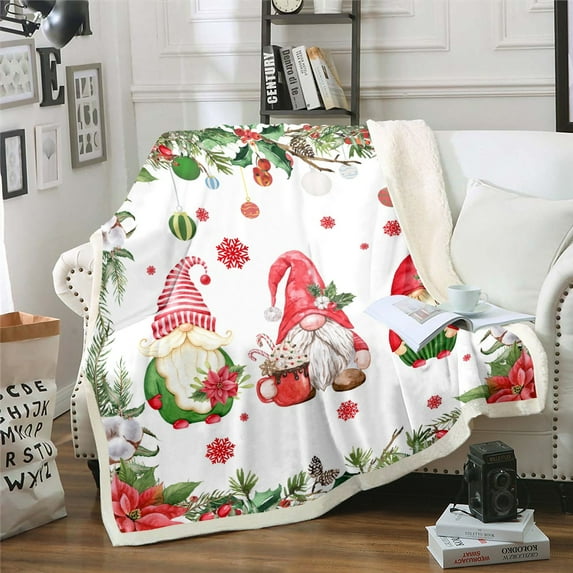 Christmas Santa Gnome Throw Blanket For Bed Couch Xmas Santa Claus Sherpa Blanket Throw 50"X60" Retro Watercolor Festival Floral Fleece Blanket Christmas Decor,Holiday Fuzzy Blanket Red Green