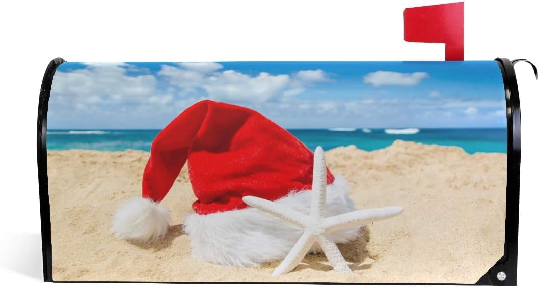 Christmas Santa Hat on The Beach with Starfish Magnetic Mailbox Cover New Year Oversized for Garden Yard Outdoor Decorations-25.5" x20.8
