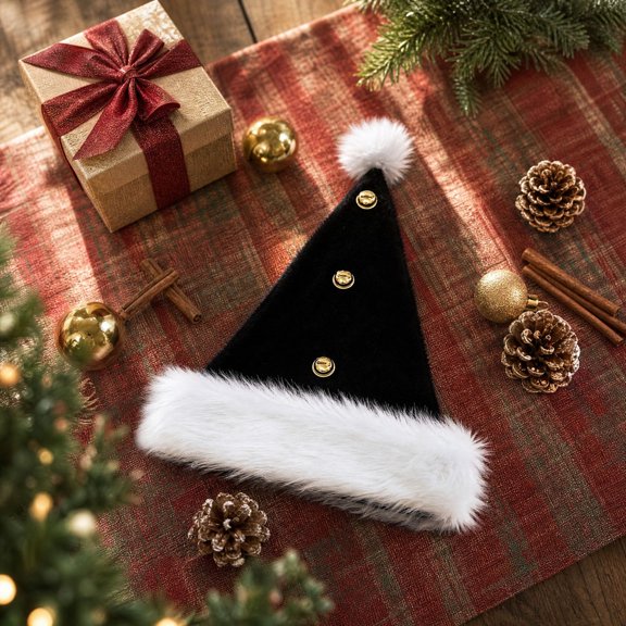 Christmas Santa Hat with Bells, Plush Santa Cap Decorated with Golden Bells, for Christmas Parties, Holiday, New Year Decor, Black