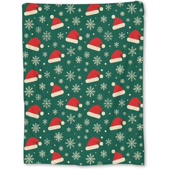 Christmas Santa Hats Blanket, Soft Lightweight Flannel Snowflakes on Green Throw Blanket for Couch, Bed, Cozy Warm Fuzzy Holiday Blankets for Women 80×60 in