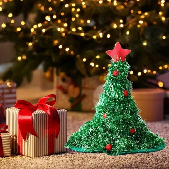 Christmas Santa Hats,Christmas Tree Hats Tinsel Xmas Tree Hat Costume Accessories Red Green Glitter Christmas Hats for Christmas Costume Adults and Kids