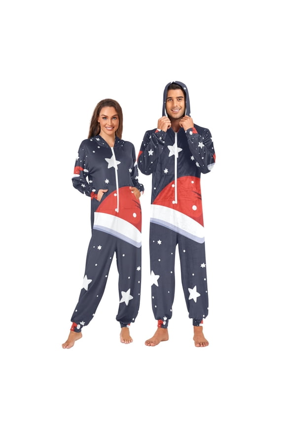 Christmas Santa Hats Stars Adult Onesie Pajamas Slim Fit Christmas One Piece Suit Pjs for Women and Men Hooded Zipper