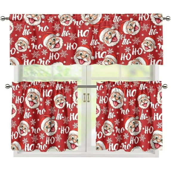Christmas Santa Hoho Kitchen Curtains Swag Valance and Tier Curtains Set Length Rod Pocket Drape Panels Pair Curtains for Bathroom/Cafe/Window