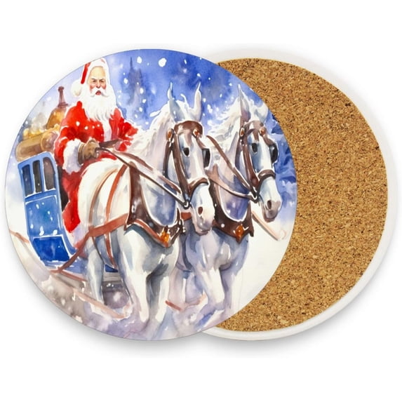 Christmas Santa Horse Carriage Coasters Absorbent Moisture Non-Slip Drink Coaster Ceramic Stone with Cork Base Desktop Protection, 2PCS