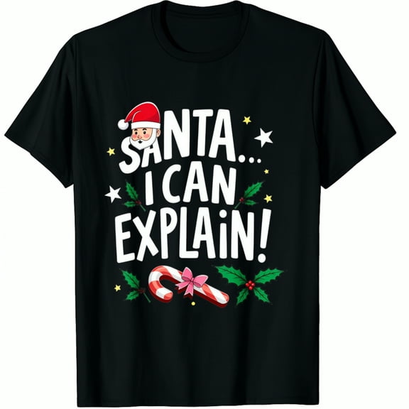 Christmas Santa I Can Explain Text With Candy Cane And Holly Design Black Graphic T-Shirt for Men Women
