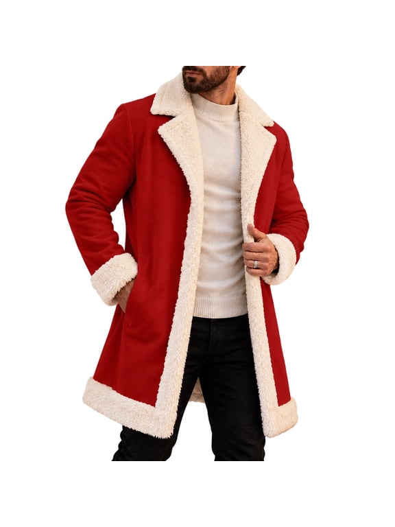 Christmas Santa Jackets for Men White Fullfy Xmas Long Cardigan Lapel Button Lined Trench Coats Red XXXXL
