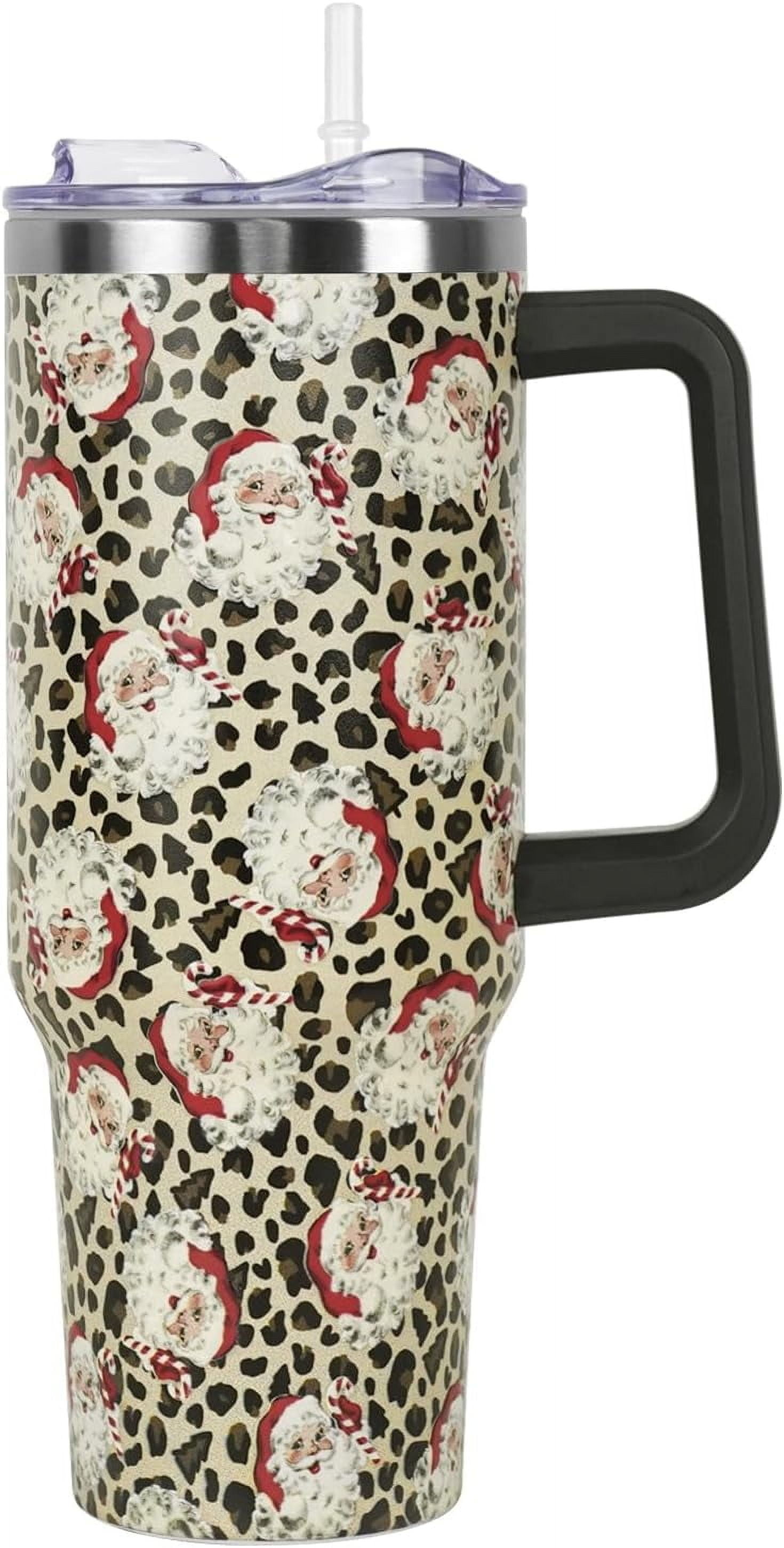Christmas Santa Leopard Tumbler with Handle and Straw Lid 40 oz,Cute Christmas Gifts for Women Vacuum Insulated Leak Proof Tumbler,Winter Holiday Accessories Stainless Steel Coffee Cup Mug