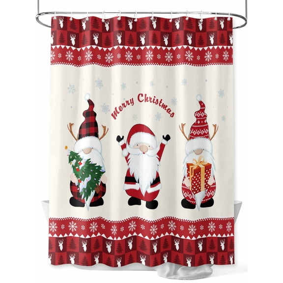 Christmas Santa Long Shower Curtain Set, Waterproof Shower Curtains for Bathroom, Xmas Gnomes Snowflake Red Plaid Beige Washable Fabric Cloth Bath Curtain for Bathtub with Hooks 72x84 Inches