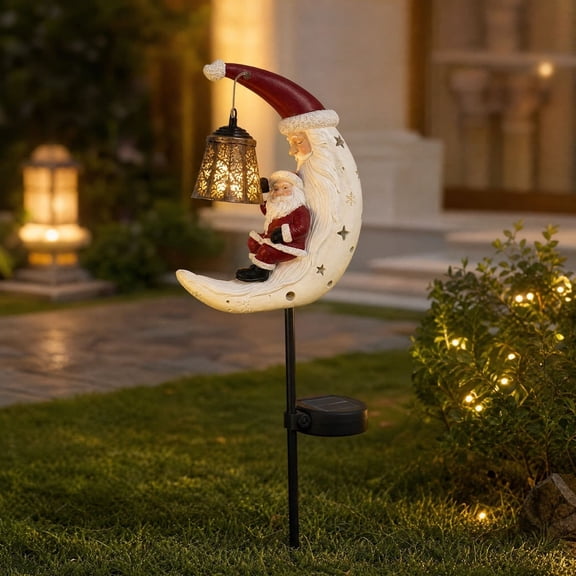 Christmas Santa Moon Solar Garden Stake Light, 31.5 Inch Waterproof Half Moon LED Pathway Light with Hanging Lanterns for Outdoor Garden Yard Patio Lawn Outdoor Decor,1Pcs