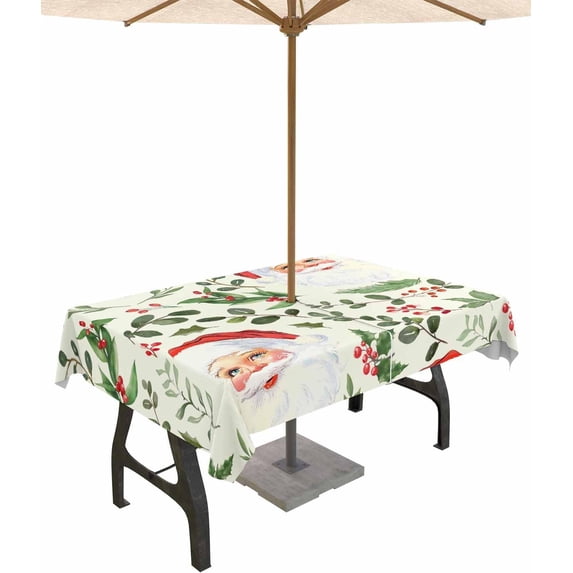 Christmas Santa Outdoor Tablecloth - 52x70 Inch Rectangle Dining Table Cover, Xmas Botanical Berry Winter Waterproof Outdoor Table Cloth with Umbrella Hole & Zipper for Picnic/Patio/Party