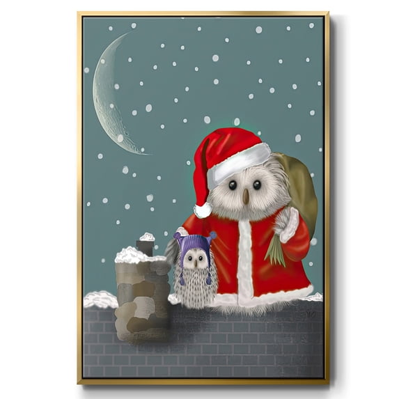 Christmas Santa Owl - Framed Gallery Wrapped Holiday Canvas - 17 x 25 - Gold Frame