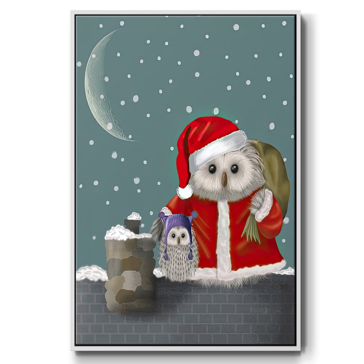 Christmas Santa Owl - Framed Gallery Wrapped Holiday Canvas - 17 x 25 - White Frame