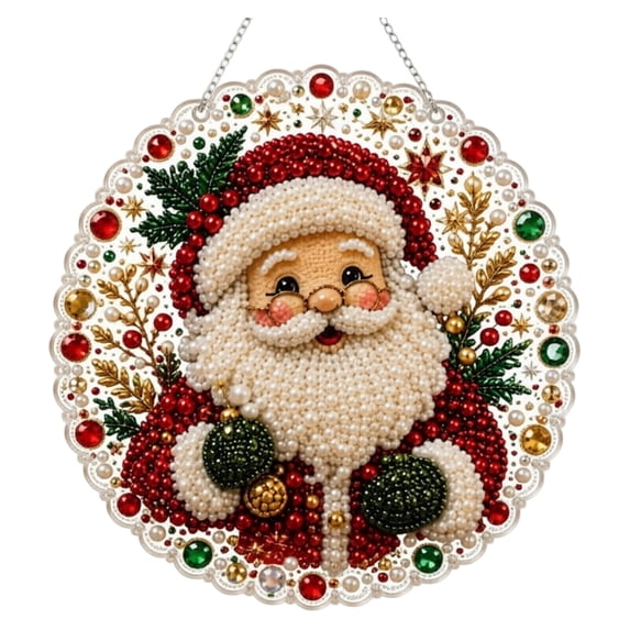 Christmas Santa Pearl Rhinestone Diamond Painting Hanging Ornament Handmade Bead Craft Decor 25x25cm