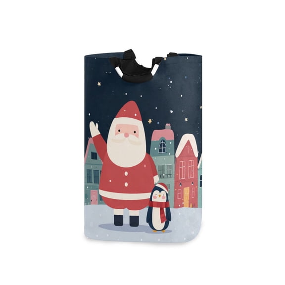 Christmas Santa Penguins in Small Town Laundry Basket with Handles Foldable Laundry Hamper Freestanding Washing Bin 50L