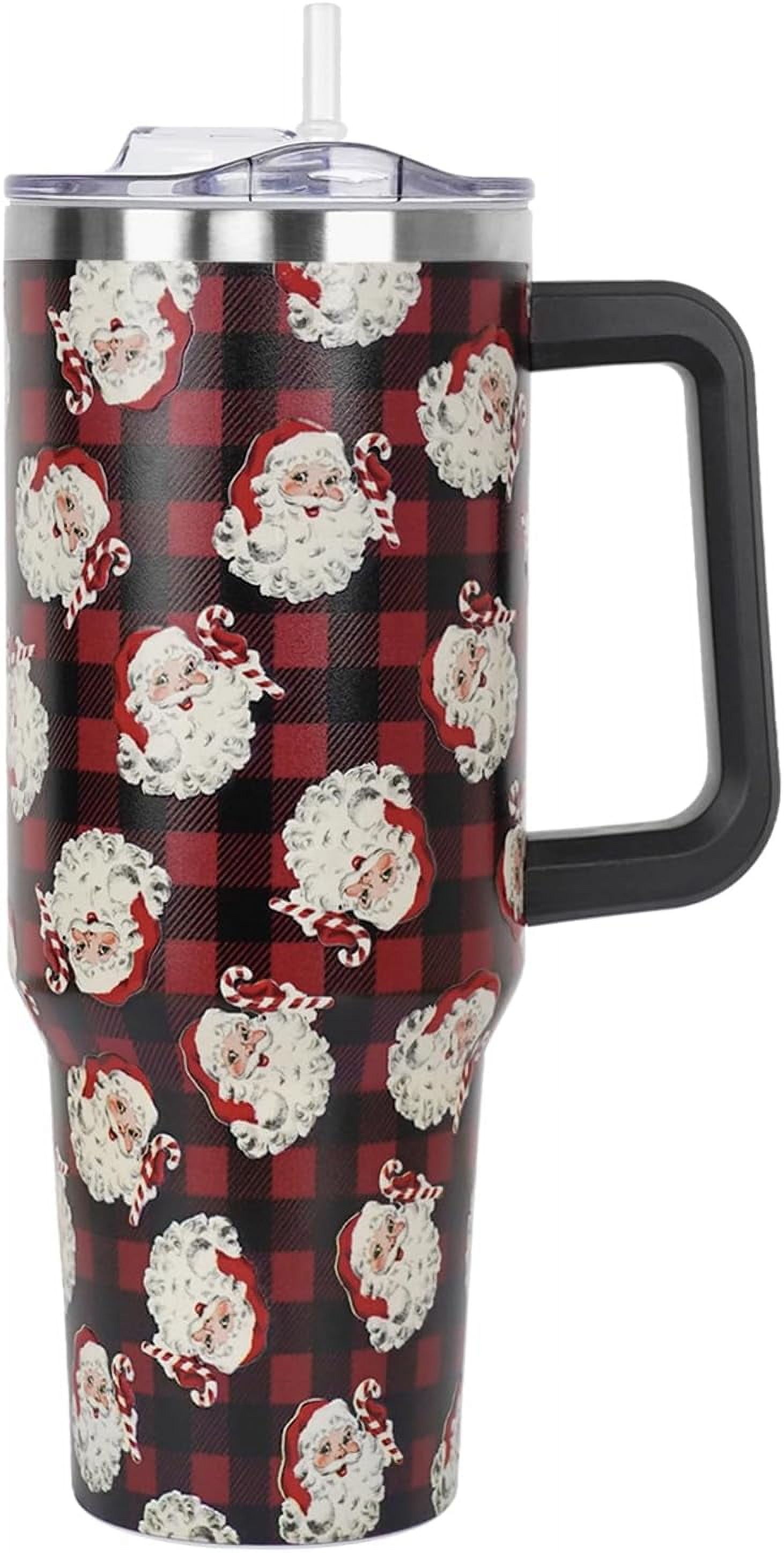 Christmas Santa Red Buffalo Plaid Tumbler with Handle and Straw Lid 40 oz,Cute Christmas Gifts for Women Vacuum Insulated Leak Proof Tumbler,Winter Holiday Accessories Stainless Steel Coffee Cup Mug
