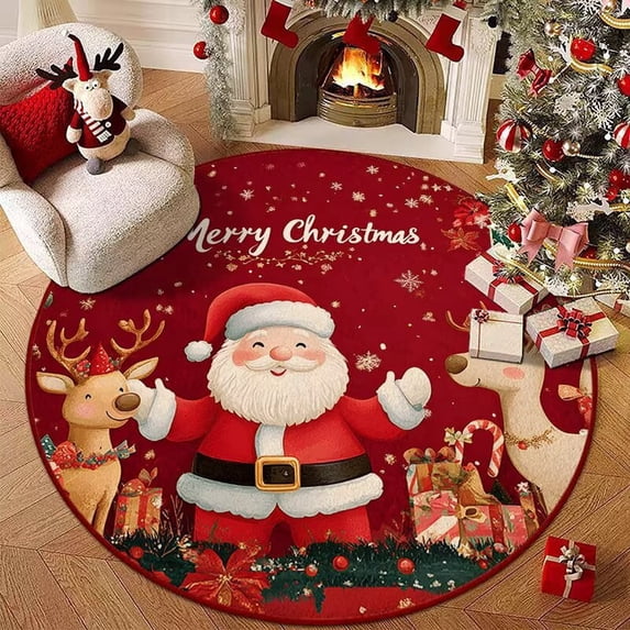 Christmas‑Santa‑Reindeer‑Pattern Circular Floor Mat, Non‑Slip Holiday ...