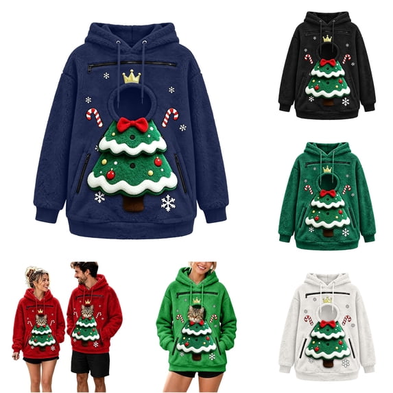 Christmas Santa Reindeer Pet Pouch Hoodie, Drop Shoulder Carrier Sweatshirt with Side Zip for Festive Xmas Holiday Wear