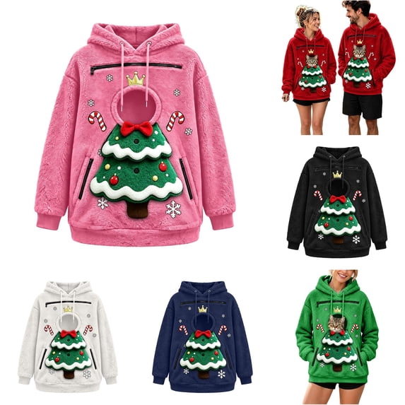 Christmas Santa Reindeer Pet Pouch Hoodie, Drop Shoulder Carrier Sweatshirt with Side Zip for Festive Xmas Holiday Wear