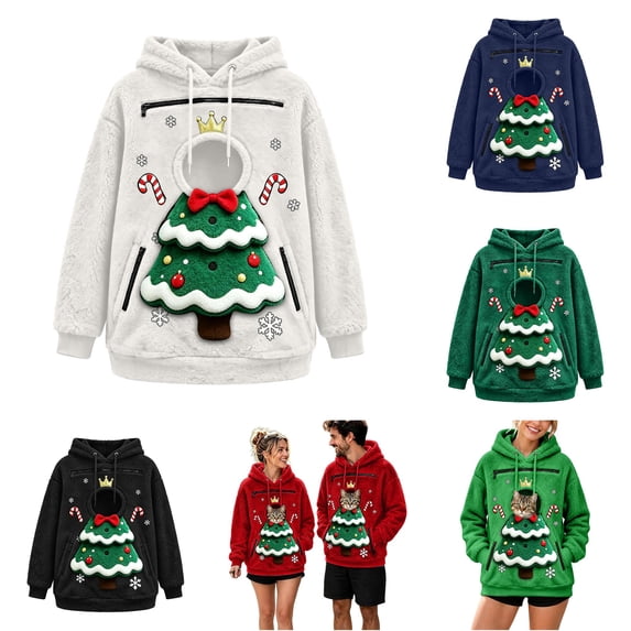 Christmas Santa Reindeer Pet Pouch Hoodie, Drop Shoulder Carrier Sweatshirt with Side Zip for Festive Xmas Holiday Wear