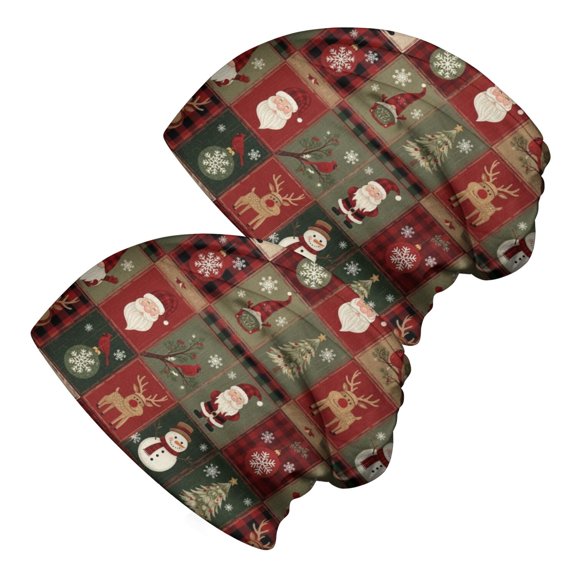 Christmas Santa Reindeer Plaid Pattern 2 Pack Slouchy Beanie Hat, Outdoor Running Hat with Stretchy Fabric & Soft Texture, Warm Thermal Gifts for Birthday Christmas Thanksgiving