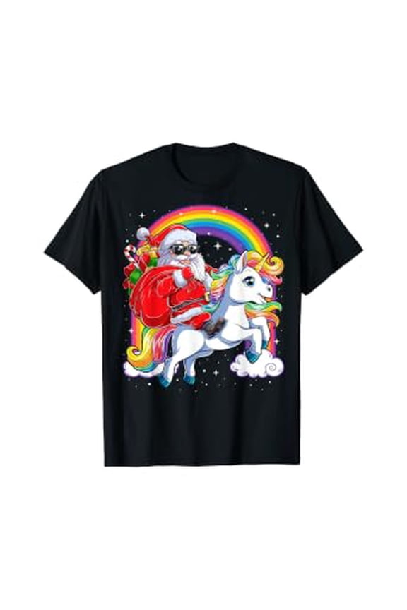 Christmas Santa Riding Unicorn Xmas Gifts Girls Kids Women T-Shirt