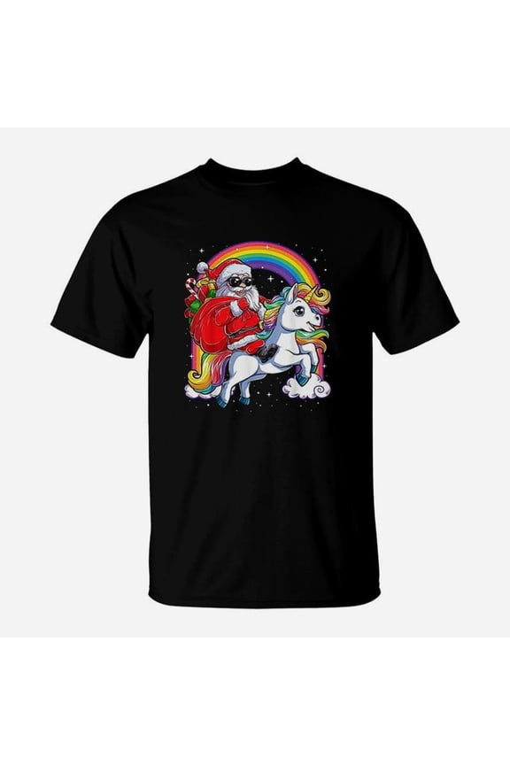 Christmas Santa Riding Unicorn Xmas Girls Women TShirt