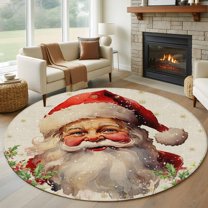 Christmas Santa, Round Area Rug 6 FT, Non Slip Bedroom Area Rug, Winter Gold Snowflake Berry Washable Soft Circular Carpet Non-Shedding Floor Mat for Kitchen Dining Room Home Office Kids Room