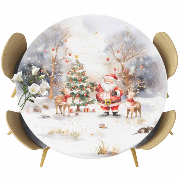 Christmas Santa Round Tablecloth 55-60 Inch Round Fitted Table Cloth with Elastic Edge, Winter Snowflake Elk Forest Waterproof Table Cover Protector for Outdoor Picnic Party Dining