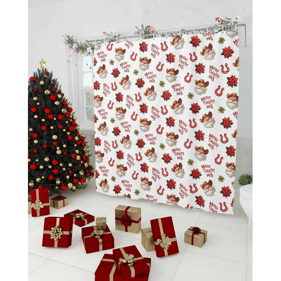 Christmas Santa Shower Curtain, Western Xmas Botanical Poinsettia Waterproof Washable Boho Funny Cute Shower Curtains Set for Bathroom Farmhouse Bathtubs Decor with Hook, 48"Wx72"L