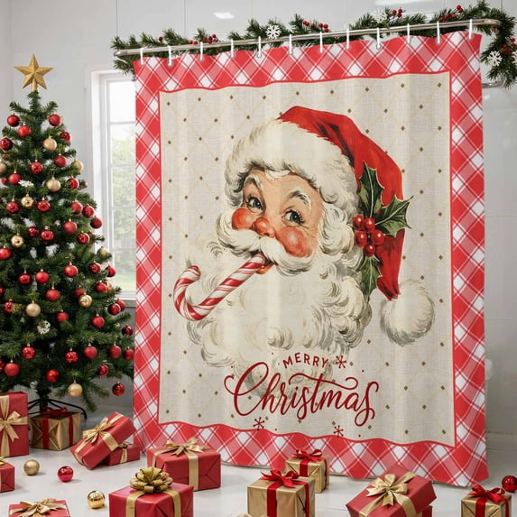 Christmas Santa Shower Curtains for Bathroom, Red Plaid Buffalo Snowflake Xmas Berry Waterproof Fabric Shower Curtain, Decorative Bathroom Curtain for Bathtub, 36"x72", No Hooks Included