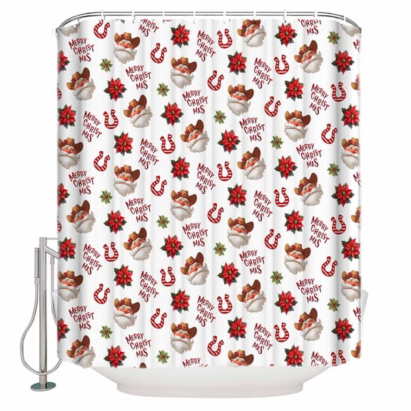 Christmas Santa Shower Curtains for Bathroom Waterproof Fabric Bath Curtains Decor Bath Tub Curtain Western Xmas Botanical Poinsettia Decorative Shower Curtain Sets with 12 Hooks, 72x72 Inch