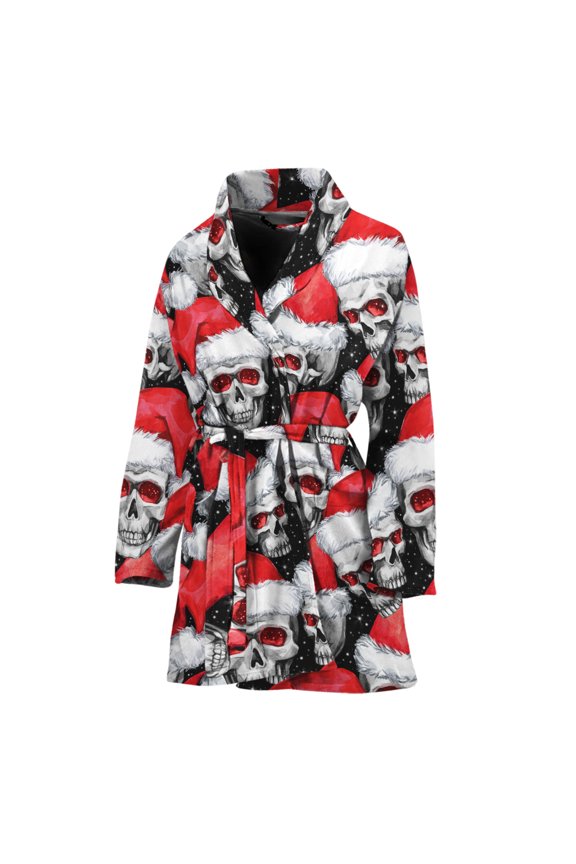 Christmas Santa Skull Pattern Women Bathrobe One Size Univeral Fits, Skull Lover Gifts Fashion Lightweight Plush Fleece Long Robe For Women
