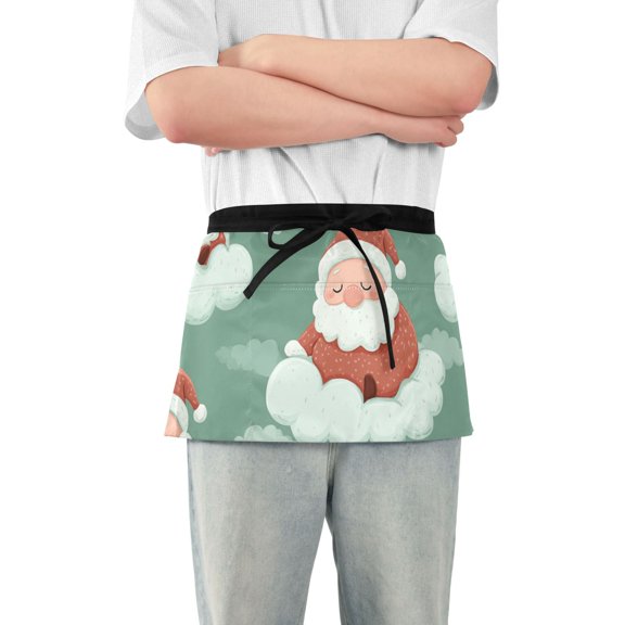 Christmas Santa Sleeping on Clouds Short Server Apron with 3 Pockets for Unisex Chef Gardening
