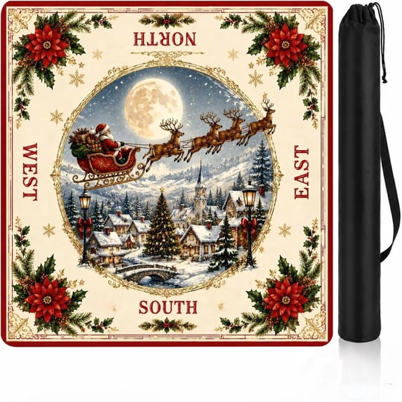 Christmas Santa Sleigh Mahjong Mat For Table,Christmas Mahjong Mat | Soft Neoprene Top Helps Hold Tiles, Muffle Play Sound, Shield Surfaces, And Carry Neatly With The Bag