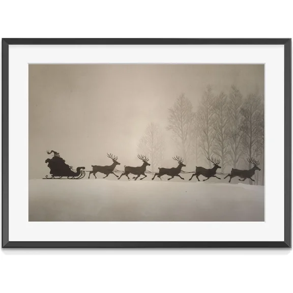 Christmas Santa Sleigh & Reindeer Silhouette Print: Vintage Style Winter Holiday, Matte Canvas Stretched, Posters for Room Bedroom Living Room Bathroom Wall Decor, Posters & Art Prints, Gift.