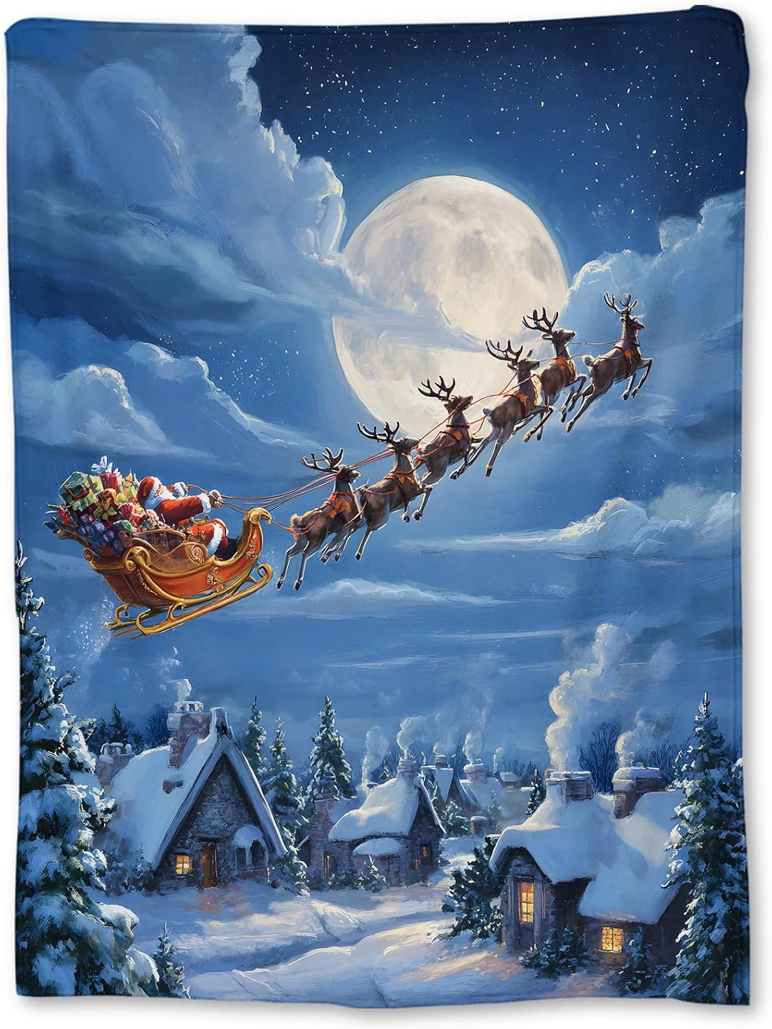 Christmas Santa Sleigh Ride Blanket, Soft Lightweight Flannel Reindeer Flying Blanket for Couch, Bed, Travel & Home Decor Gifts, Cozy Warm Holiday Blankets for Adults Users Women Women 60×50 in