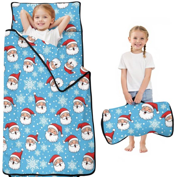 Christmas Santa Snowflake Pattern Kids Nap Mat, All-in-One Nap Pad with Handle & Fastening Straps, Hypoallergenic Gifts for Daycare Preschool,50"x20"