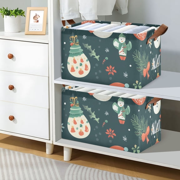 Christmas Santa Snowman Balls Foldable Storage Large Fabric Storage Baskets Organizer Storage Bins with Handles for Shelves