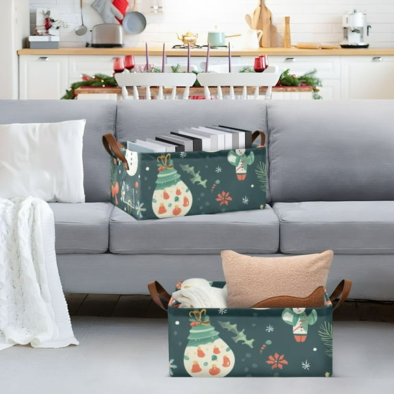 Christmas Santa Snowman Balls Storage Bins with Handles Foldable Storage Baskets for Shelves Organizer Cloth Baskets