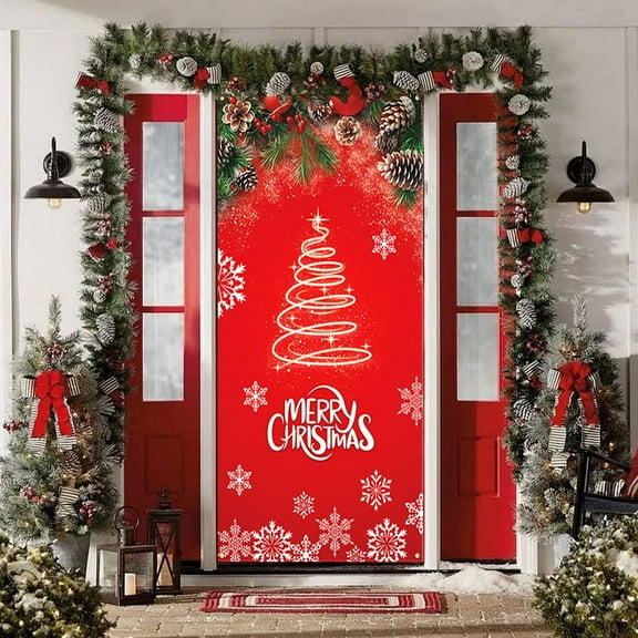 Christmas Santa Snowman Door Cover Decorations, 3*6FT Christmas Front Door Banner Backdrop Xmas Party Photography Background Holiday Door Cover Outdoor Home Indoor Winter New Year Decor