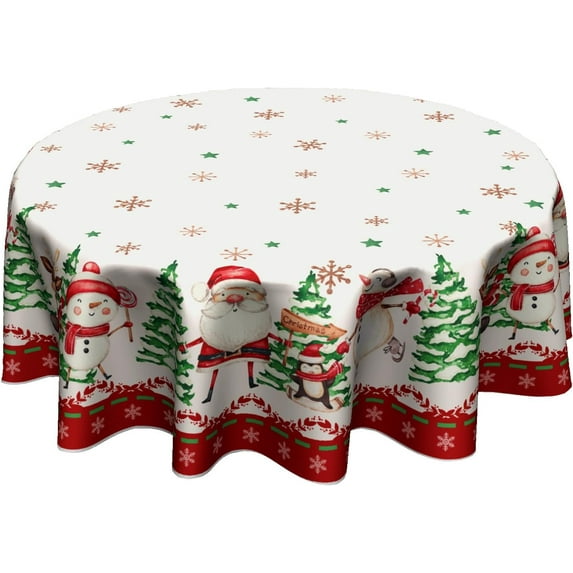 Christmas Santa Snowman Round Tablecloth - Xmas Tree Table Cloth 60 Inch Winter Snowflake Table Cover for Holiday Kitchen Dining Room Party