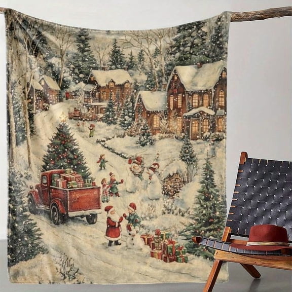 Christmas Santa Snowman & Truck Print Flannel Throw Blanket All-Season Warm Cooling for Couch Bed Car Office Camping Christmas Halloween Decor Gift for Family Friends Kids