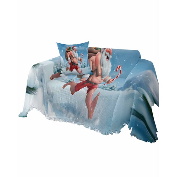 Christmas Santa Sofa Couch Covers for Dogs, Washable Sectional Couch Slipcovers for Loveseat with Tassels, Xmas Snowflake Blue Christmas Tree Non Slip Sofa Throw Cover Blanket L 71''x102''