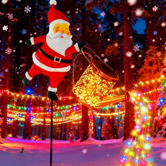 Christmas Santa Solar Kettle Lights Garden Lawn Decorative Lights, Hanging Metal Solar Santa Claus Watering Can with LED Light, Waterproof Outdoor Lantern Decoration
